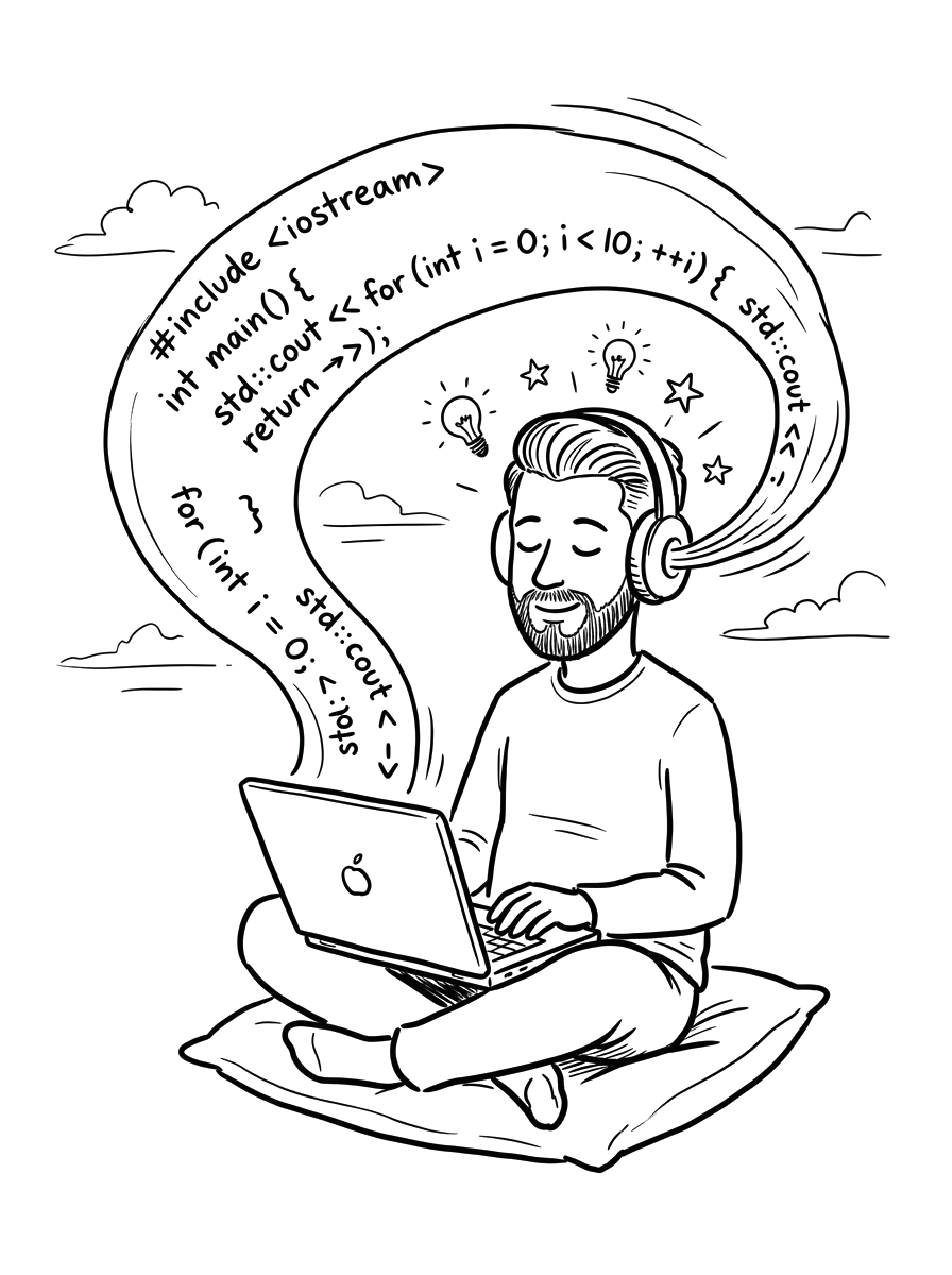 Illustration of a person coding with headphones