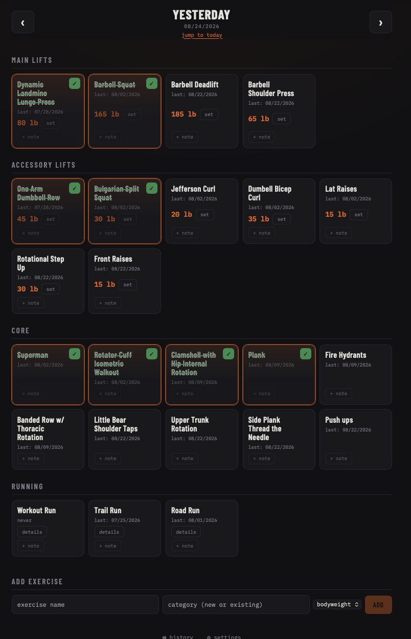 The daily view: exercises grouped by category, sorted by what's overdue