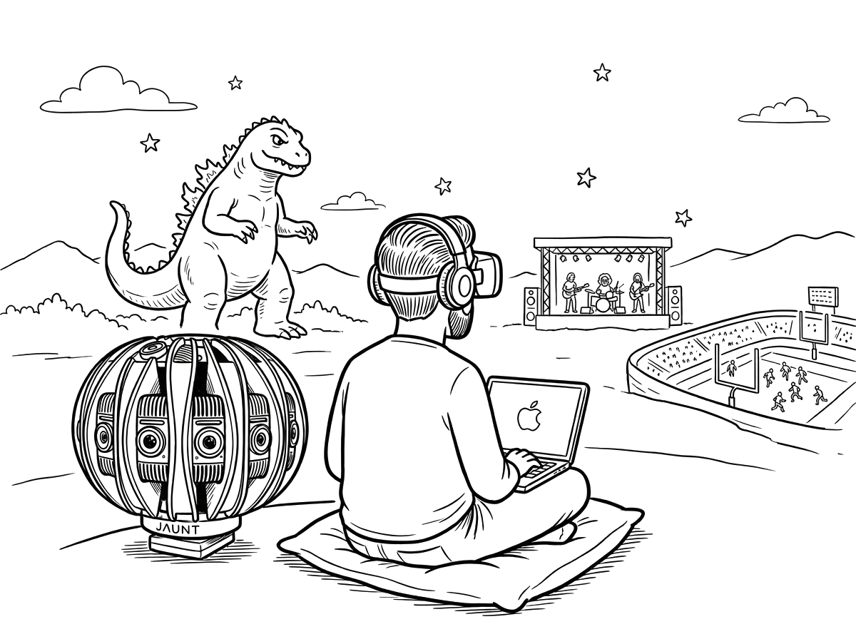 Illustration of a person with a laptop, VR camera, and whimsical dinosaur