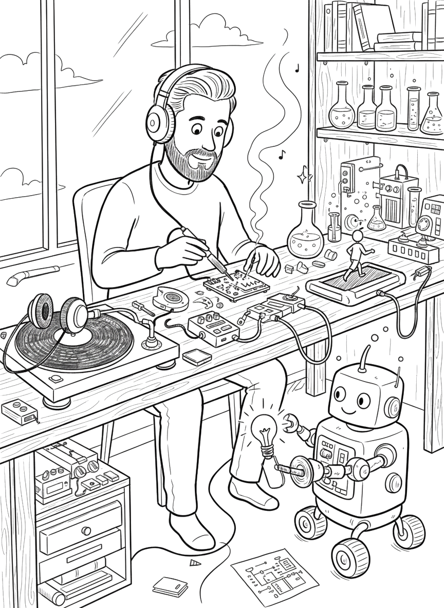 Illustration of a person tinkering at a workbench with a robot companion
